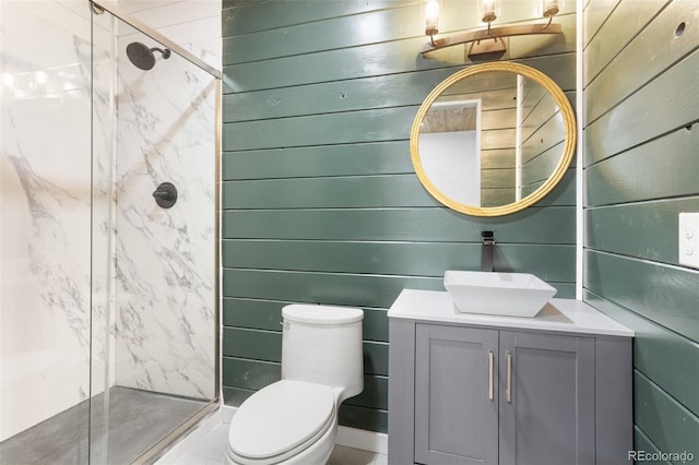 2248 Rosette Ln, Castle Rock, CO 80104 - full bath with vanity, a marble finish shower, and wood walls