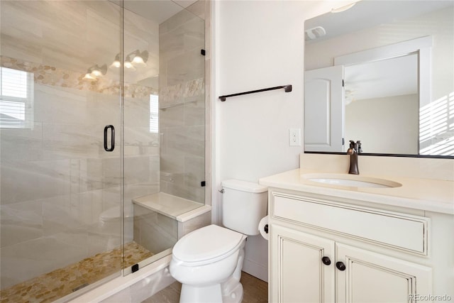 bathroom with vanity, toilet, and walk in shower