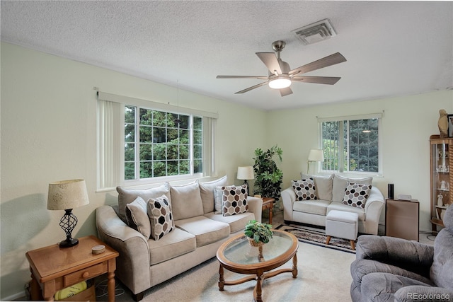 9642 Meade Ct, Westminster, CO 80031 - living room featuring healthy amount of natural light, a ceiling fan, a textured ceiling, and carpet floors