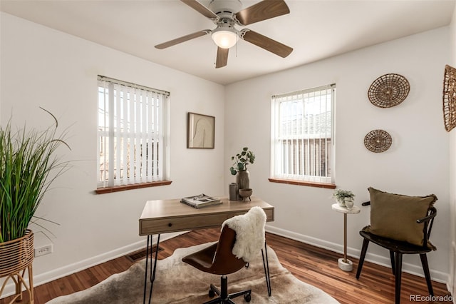 home office featuring ceiling fan and wood-type flooring