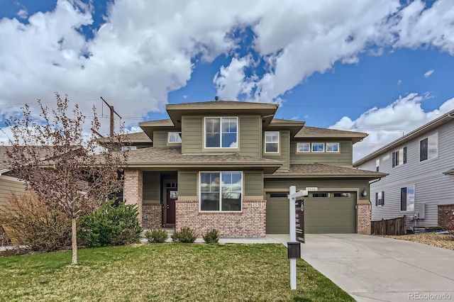 4406 Sidewinder Loop, Castle Rock, CO 80108 - prairie-style home with brick siding, concrete driveway, a garage, and roof with shingles