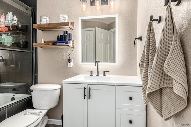12908 Hudson St, Thornton, CO 80241 - full bath with a textured wall, vanity, and  shower combination
