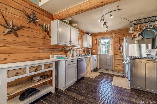 kitchen with white cabinetry, rail lighting, sink, dark hardwood / wood-style floors, and appliances with stainless steel finishes