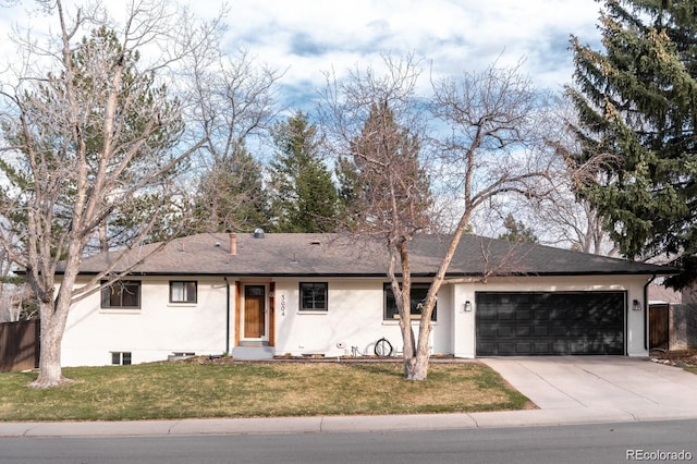 3004 S Niagara Way, Denver, CO 80224 - ranch-style home featuring an attached garage, stucco siding, concrete driveway, a front lawn, and roof with shingles