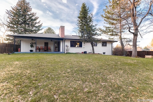 3004 S Niagara Way, Denver, CO 80224 - rear view of house featuring a ceiling fan, a chimney, and a patio area