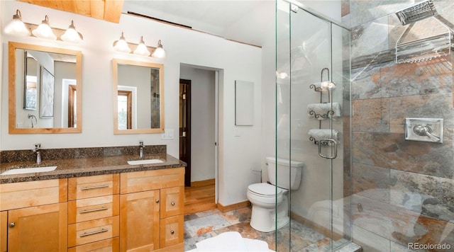 full bathroom featuring double vanity, a sink, a stall shower, and toilet