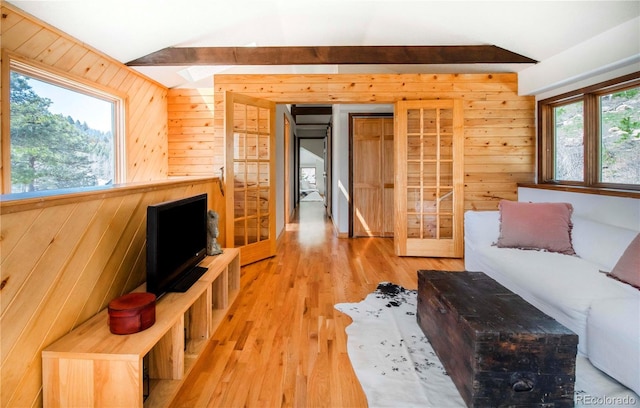 living area featuring wood walls, light wood finished floors, and lofted ceiling with skylight