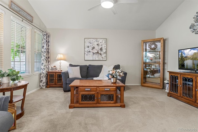 8009 S Algonquian Ct, Aurora, CO 80016 - living room featuring carpet floors, lofted ceiling, and ceiling fan