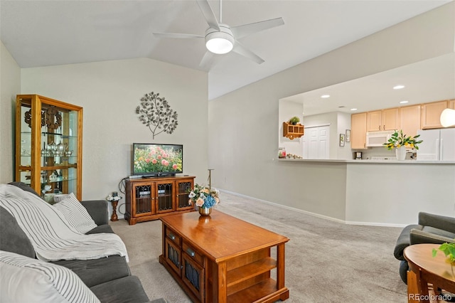 8009 S Algonquian Ct, Aurora, CO 80016 - living room featuring light carpet, ceiling fan, vaulted ceiling, and recessed lighting