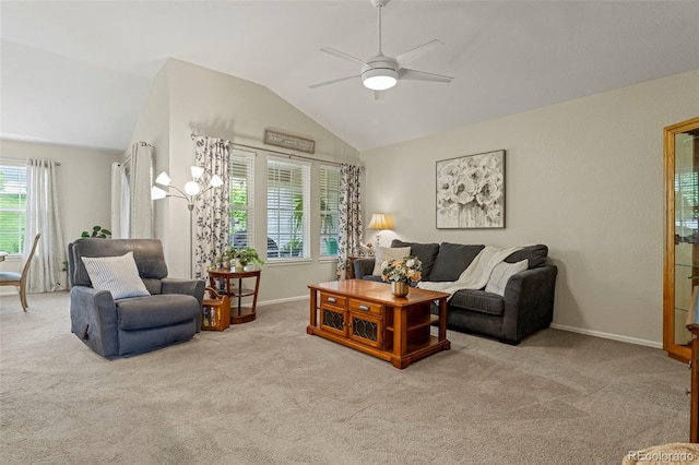 8009 S Algonquian Ct, Aurora, CO 80016 - carpeted living area featuring vaulted ceiling and a ceiling fan