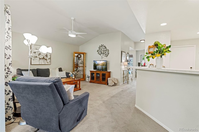 8009 S Algonquian Ct, Aurora, CO 80016 - living room with ceiling fan, light carpet, vaulted ceiling, and recessed lighting