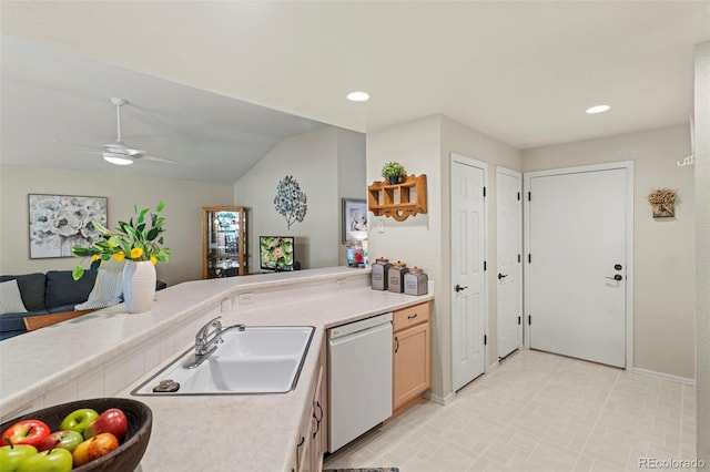 8009 S Algonquian Ct, Aurora, CO 80016 - kitchen with dishwasher, light countertops, a ceiling fan, recessed lighting, and open floor plan