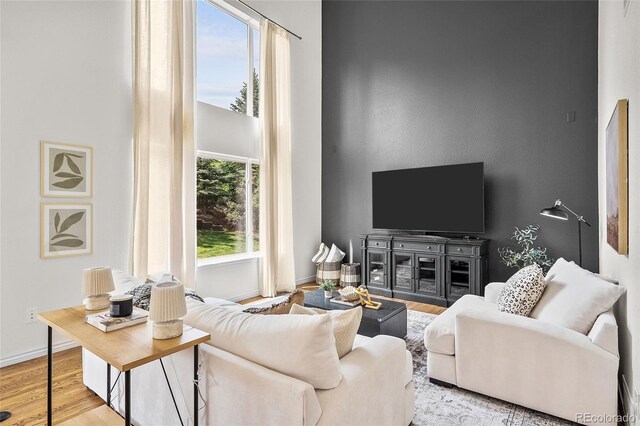 10802 W Indore Dr, Littleton, CO 80127 - living room featuring wood finished floors, a high ceiling, and baseboards