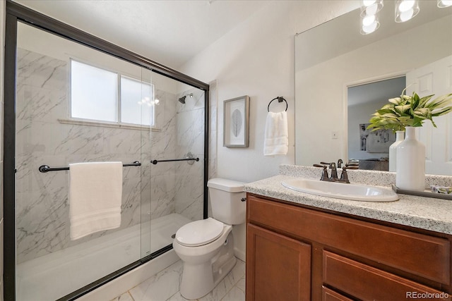5975 Dover St, Arvada, CO 80004 - full bathroom with marble look tile flooring, a marble finish shower, and vanity