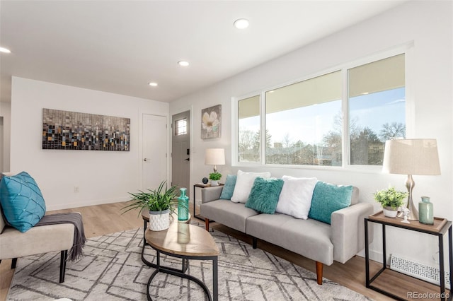 living room with light hardwood / wood-style flooring