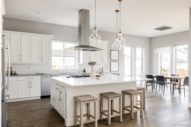 kitchen with white cabinets, decorative backsplash, an island with sink, island range hood, and stainless steel appliances