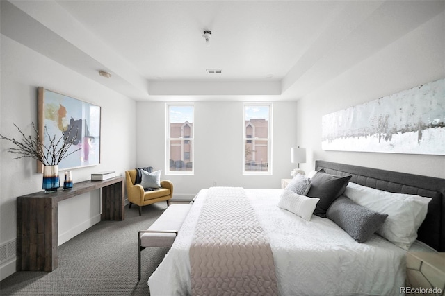 carpeted bedroom featuring a raised ceiling