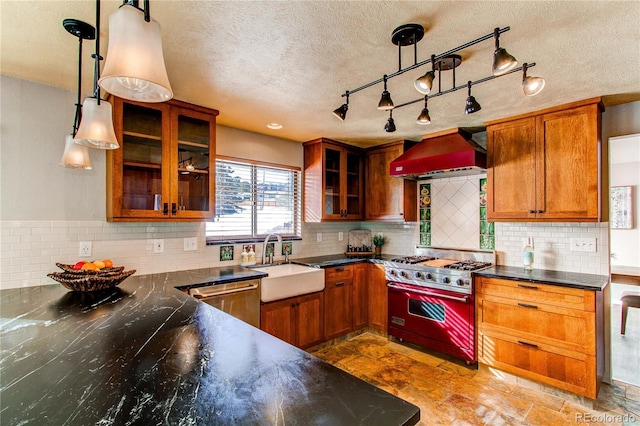 kitchen featuring appliances with stainless steel finishes, premium range hood, hanging light fixtures, and sink