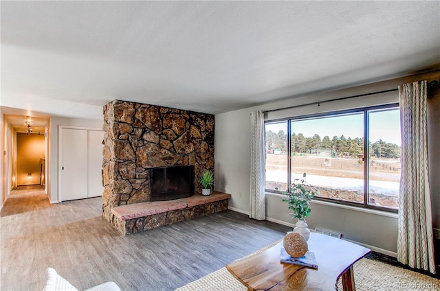 living room with a stone fireplace and hardwood / wood-style flooring