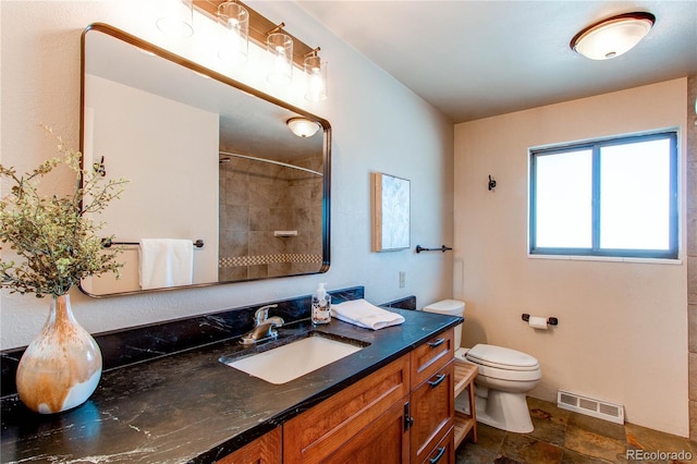 bathroom featuring a shower, vanity, and toilet