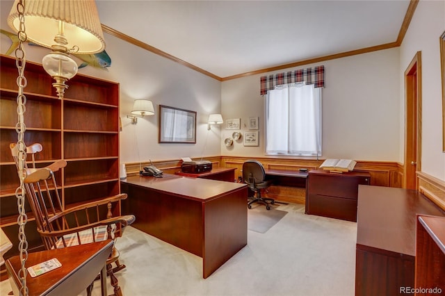 office with light carpet and ornamental molding