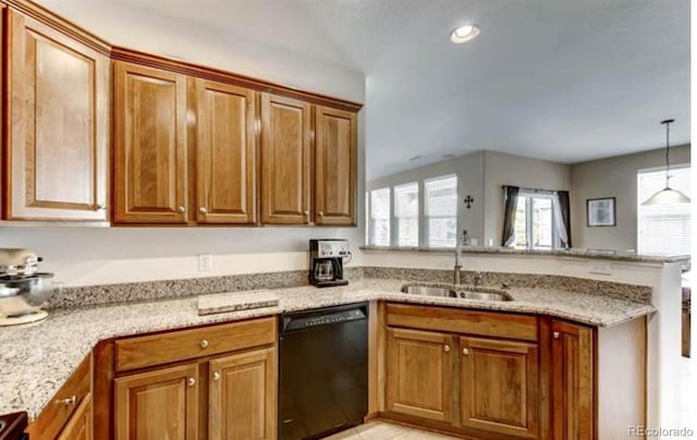 kitchen with dishwasher, kitchen peninsula, sink, and light stone countertops