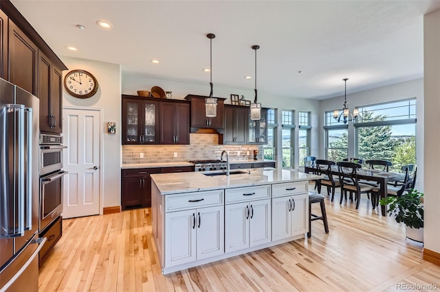 kitchen featuring stainless steel appliances, a sink, light wood-type flooring, backsplash, and dark brown cabinetry