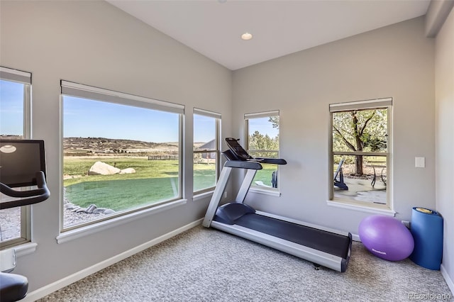 workout area with carpet floors and baseboards