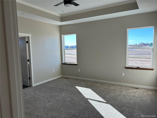 spare room with ceiling fan, ornamental molding, a raised ceiling, and dark carpet