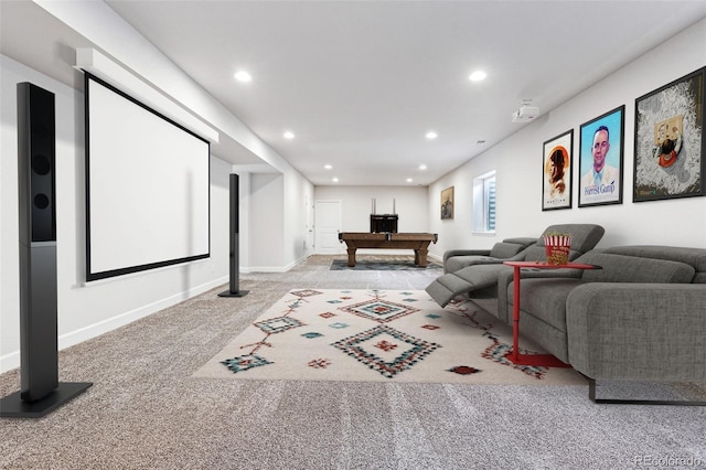 carpeted home theater room featuring baseboards, pool table, and recessed lighting