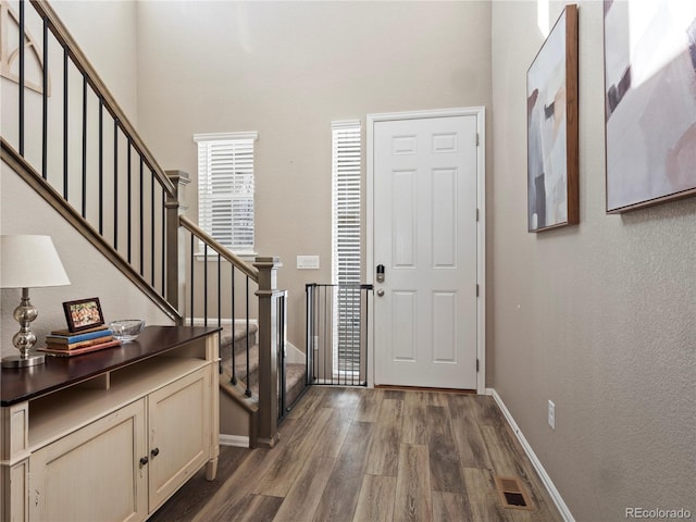 entryway featuring a high ceiling and dark hardwood / wood-style flooring