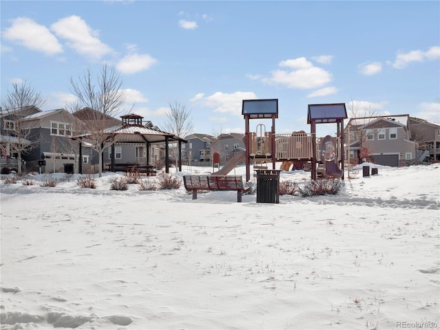 exterior space featuring a playground and a gazebo