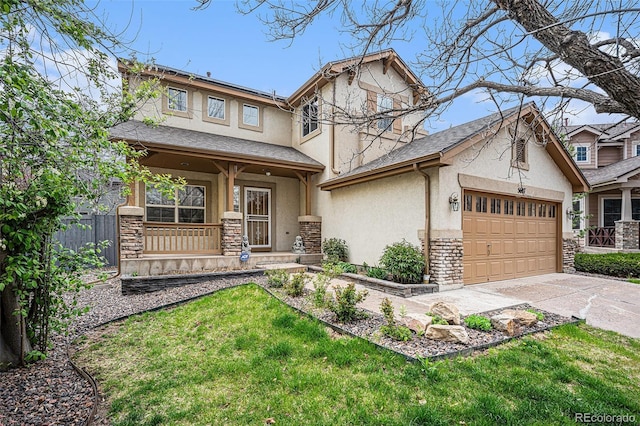 5607 S Gray St, Littleton, CO 80123 - craftsman inspired home with a porch, stucco siding, stone siding, and fence