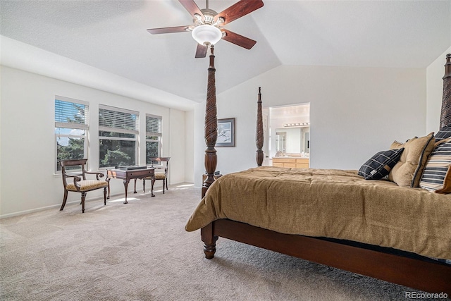 11973 Song Bird Hills St, Parker, CO 80138 - carpeted bedroom with vaulted ceiling, a ceiling fan, and ensuite bathroom