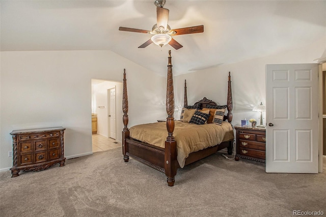 11973 Song Bird Hills St, Parker, CO 80138 - bedroom with light colored carpet, vaulted ceiling, a ceiling fan, and ensuite bath