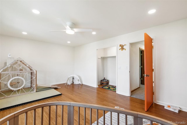 6980 Native Cir, Colorado Springs, CO 80919 - bedroom featuring wood finished floors, recessed lighting, a closet, ceiling fan, and baseboards