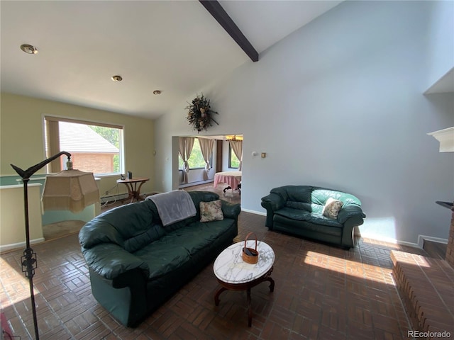 7079 Estes Dr, Arvada, CO 80004 - living room featuring baseboards, high vaulted ceiling, and beamed ceiling