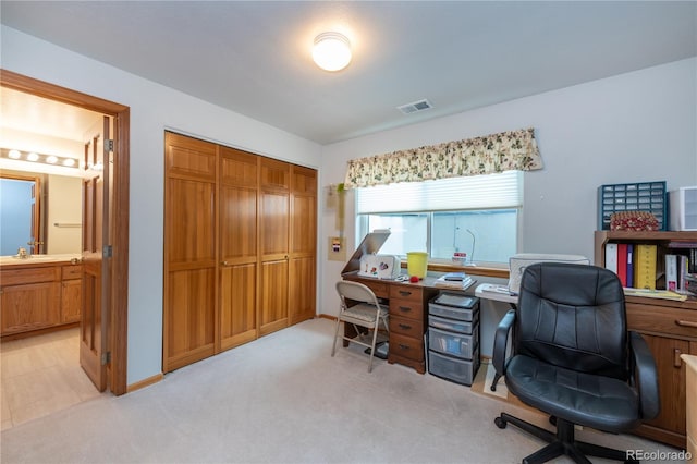 carpeted home office with sink