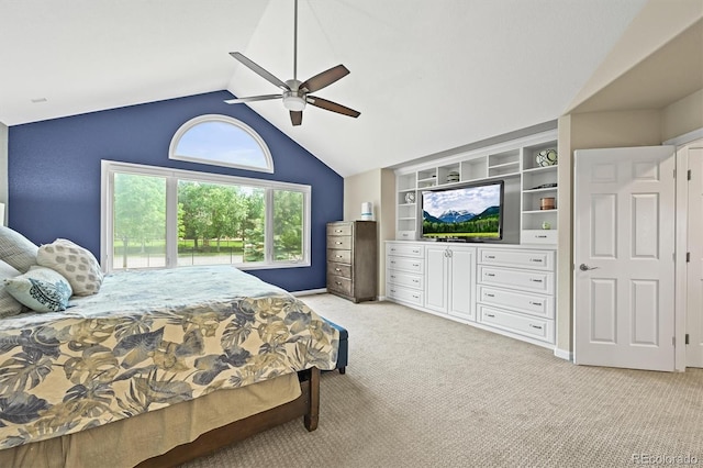15756 E Aberdeen Ave, Centennial, CO 80016 - bedroom featuring vaulted ceiling, light colored carpet, and a ceiling fan