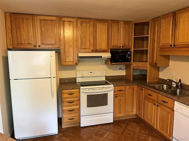 kitchen featuring open shelves, dark countertops, white appliances, under cabinet range hood, and a sink