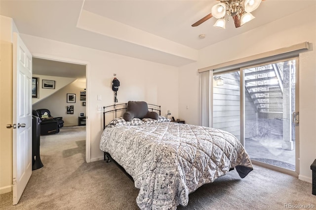 carpeted bedroom featuring ceiling fan and access to outside