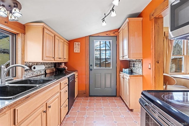 kitchen with lofted ceiling, sink, dishwashing machine, and light brown cabinetry