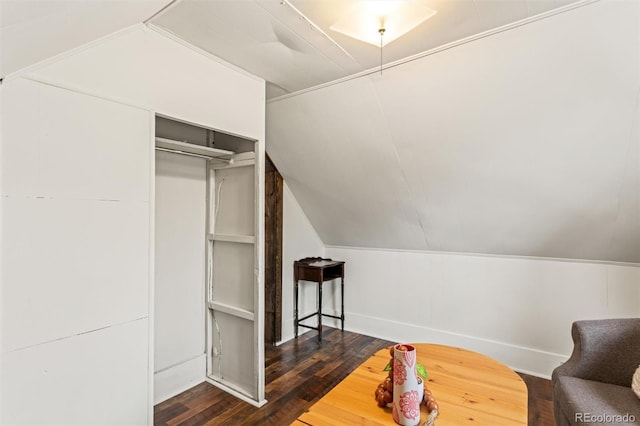 living area featuring dark hardwood / wood-style flooring and vaulted ceiling