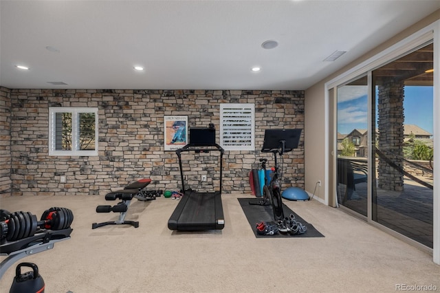 workout room with carpet flooring and recessed lighting