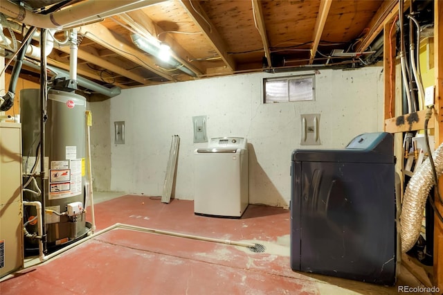 unfinished basement featuring gas water heater, electric panel, and independent washer and dryer