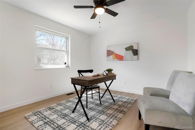 home office featuring visible vents, ceiling fan, baseboards, and wood finished floors