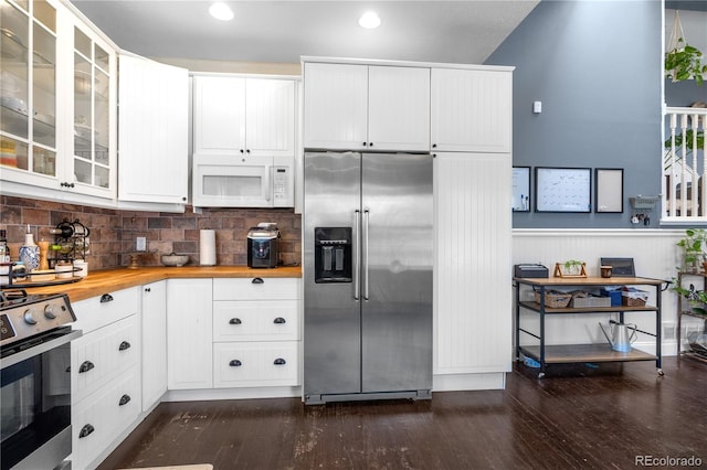 13349 Albion Cir, Thornton, CO 80241 - kitchen with appliances with stainless steel finishes, wood counters, dark wood-type flooring, glass insert cabinets, and recessed lighting