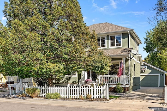 obstructed view of property with a porch, a garage, and an outdoor structure