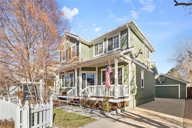 view of front facade featuring covered porch, an outdoor structure, and a garage