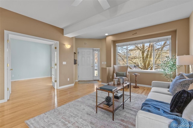 living room featuring ceiling fan and light wood-type flooring